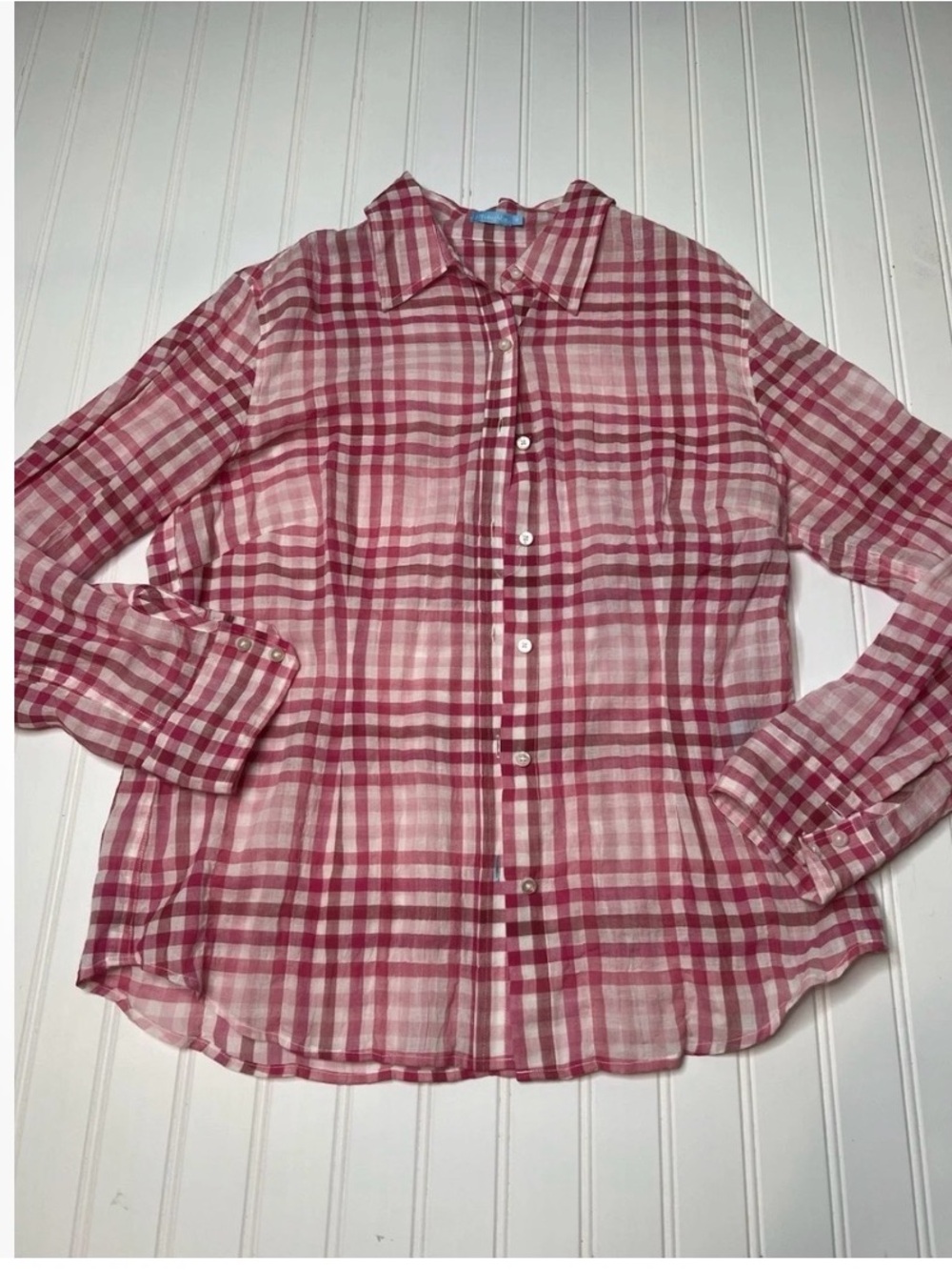 J. McLaughlin Women's 10 Shirt Plaid Button Up Pink White Tunic Top. 198